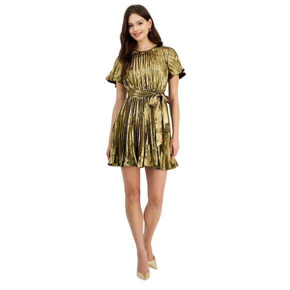 NWT Sam Edelman Womens Plisse Waist Mini Dress Tie 89H505-S4 Gold Yellow 4